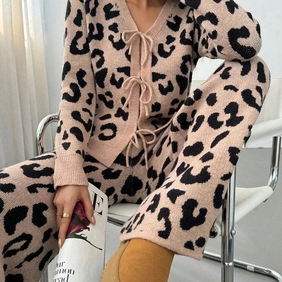 Sweaters - Multicolor Casual Women's Leopard Print Loose 2-Piece Set